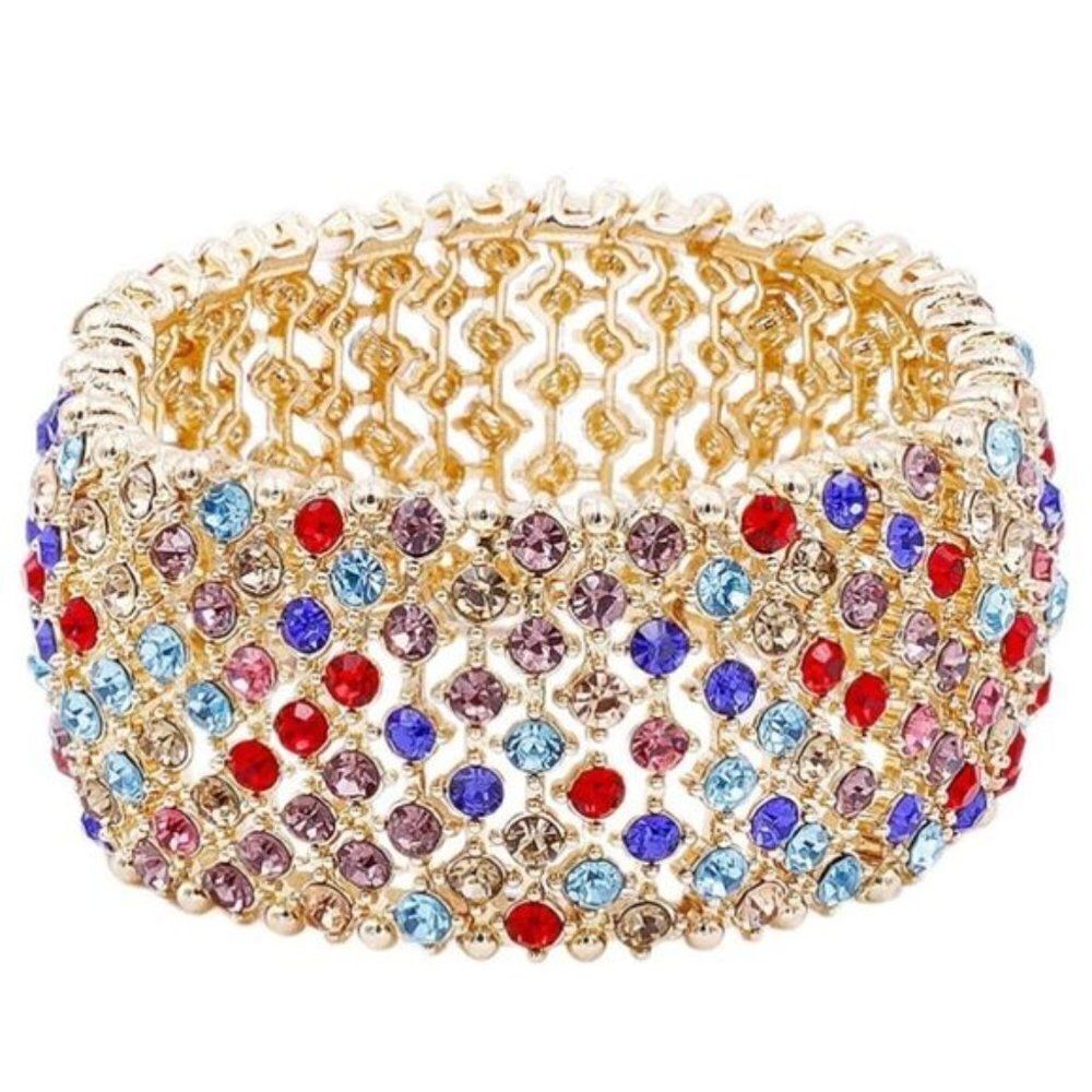 Yellow Gold and Multicolored Austrian Crystal Tennis Stretchable Bracelet Bangle